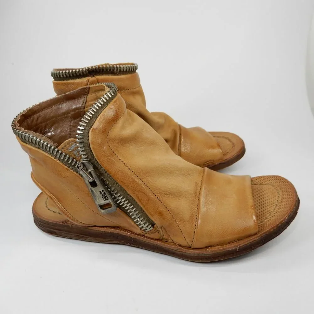 A.S.98 Ritchie Flat Sandals Peep Toe Bootie EU 36 5.5 6 Camel Leather Zipper NEW - Picture 6 of 12